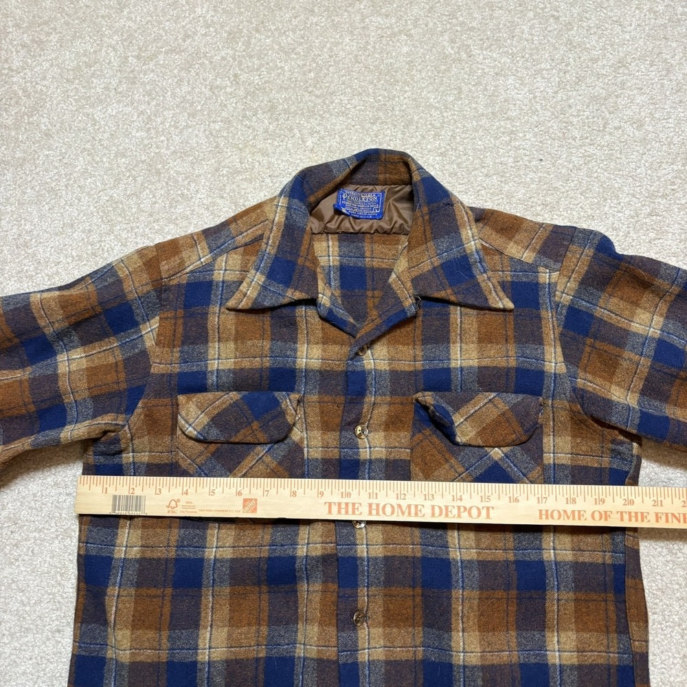 Vtg Pendleton Shirt Mens Large Brown Plaid Wool Flannel Loop Collar Made USA 60s - Picture 7 of 12